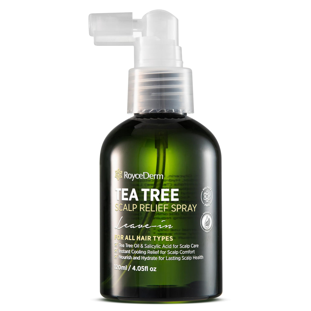 Roycederm Tea Tree Scalp Relief Spray bottle close-up showing cooling comfort.