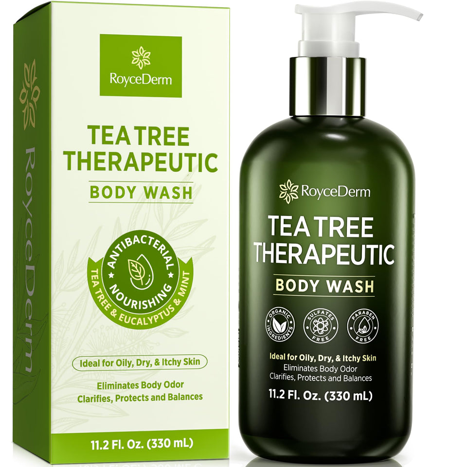 Roycederm Tea Tree Therapeutic Body Wash bottle for daily refreshing cleanse and antibacterial care.
