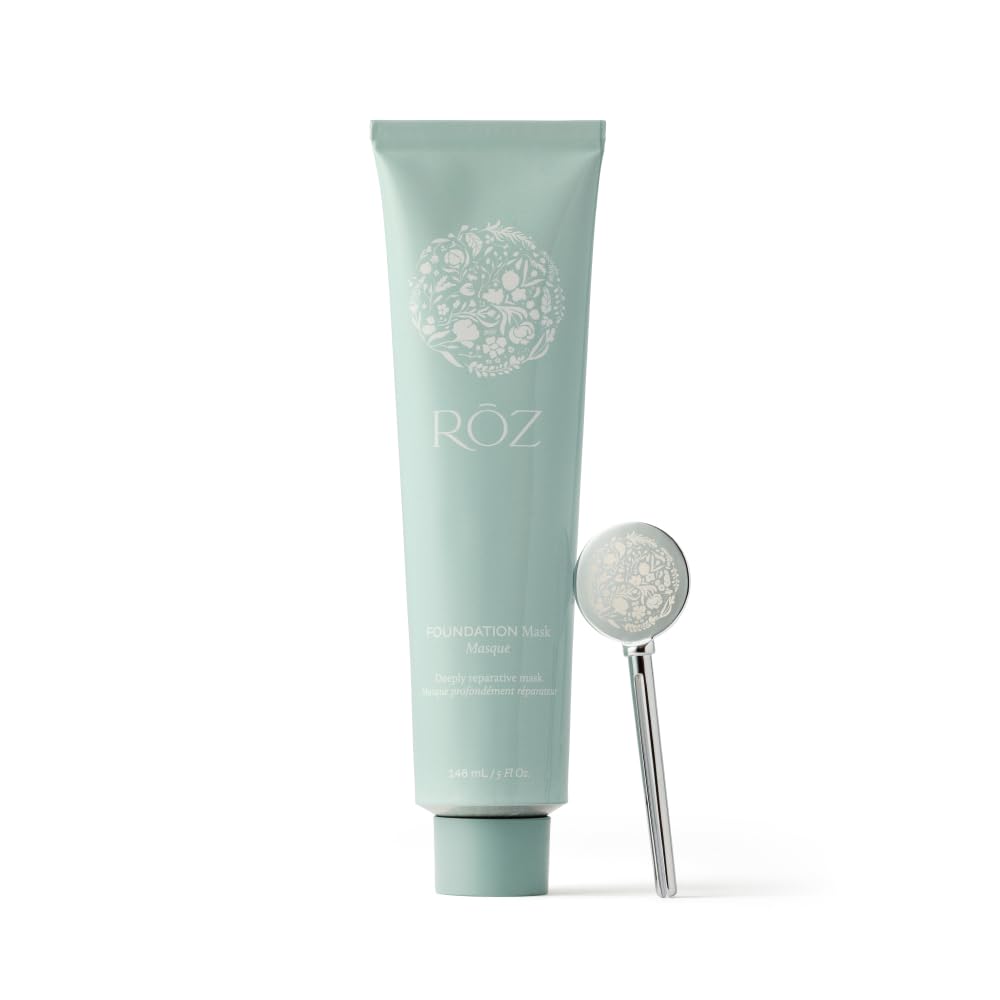 RŌZ Foundation Mask bottle close-up highlighting vegan formula for hydrated hair
