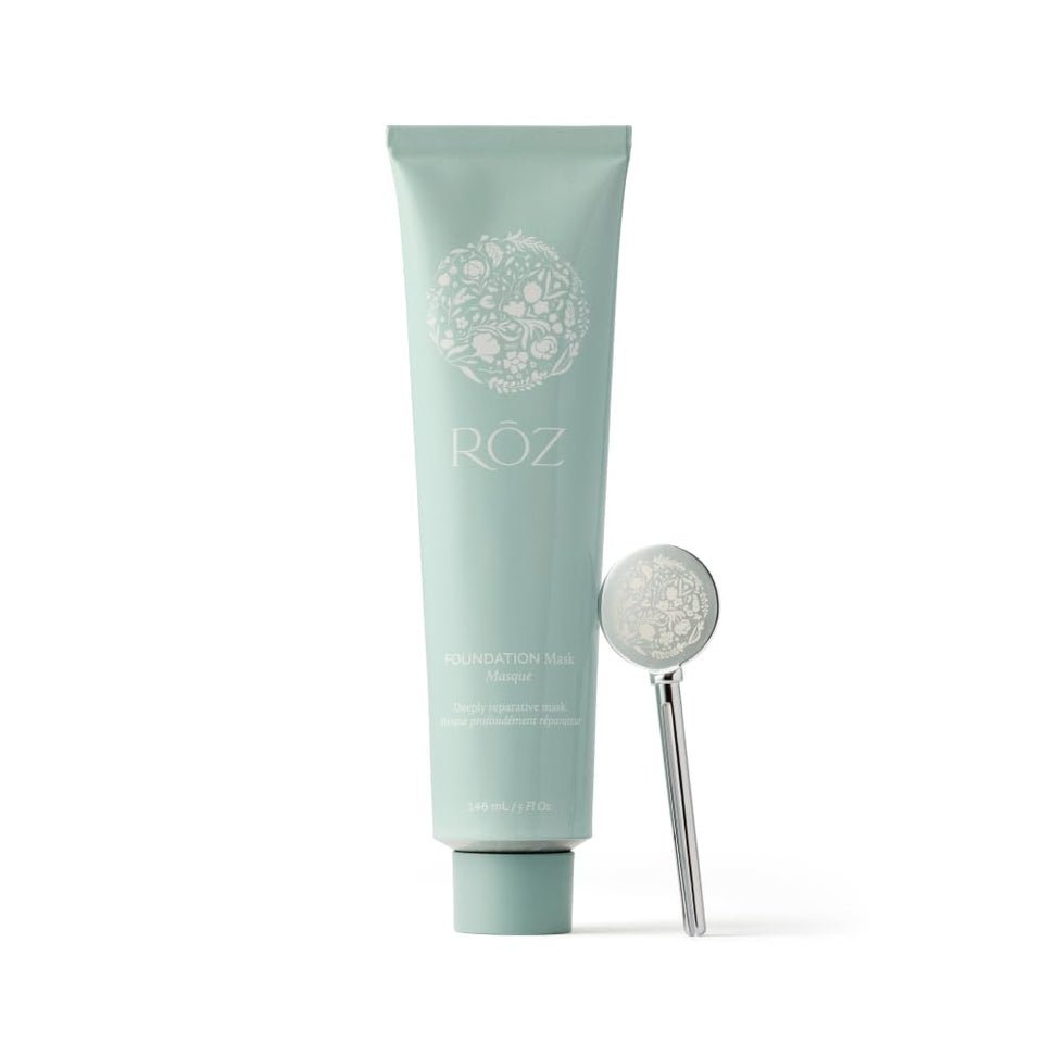 RŌZ Foundation Mask bottle close-up highlighting vegan formula for hydrated hair
