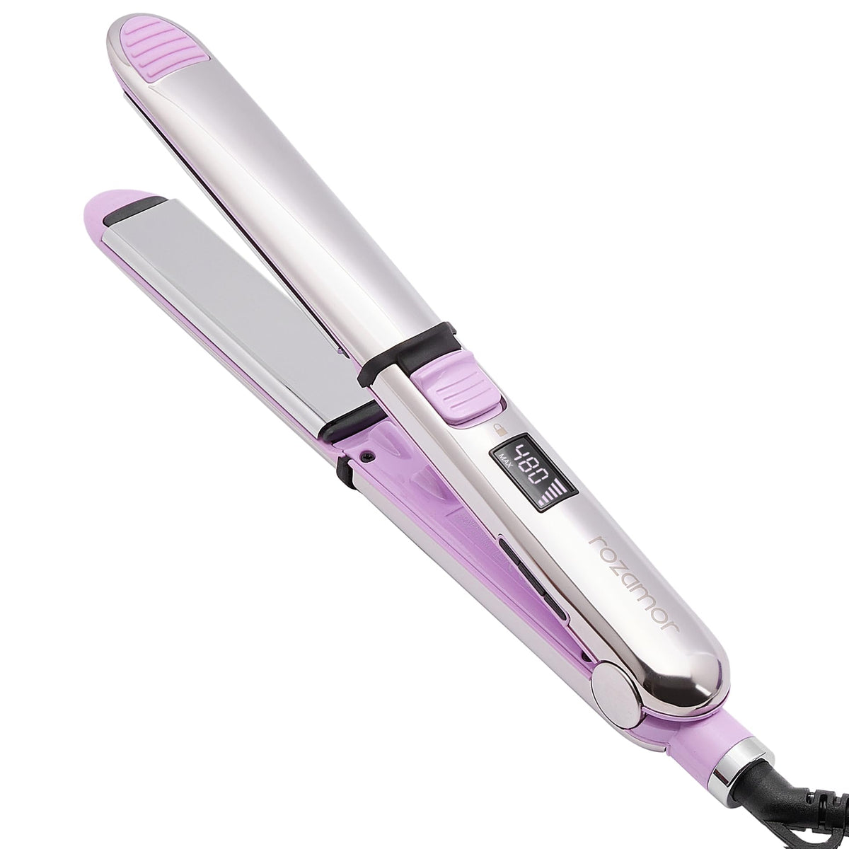 Rozamor 2-in-1 titanium flat iron close-up showing smooth plates for straight styles