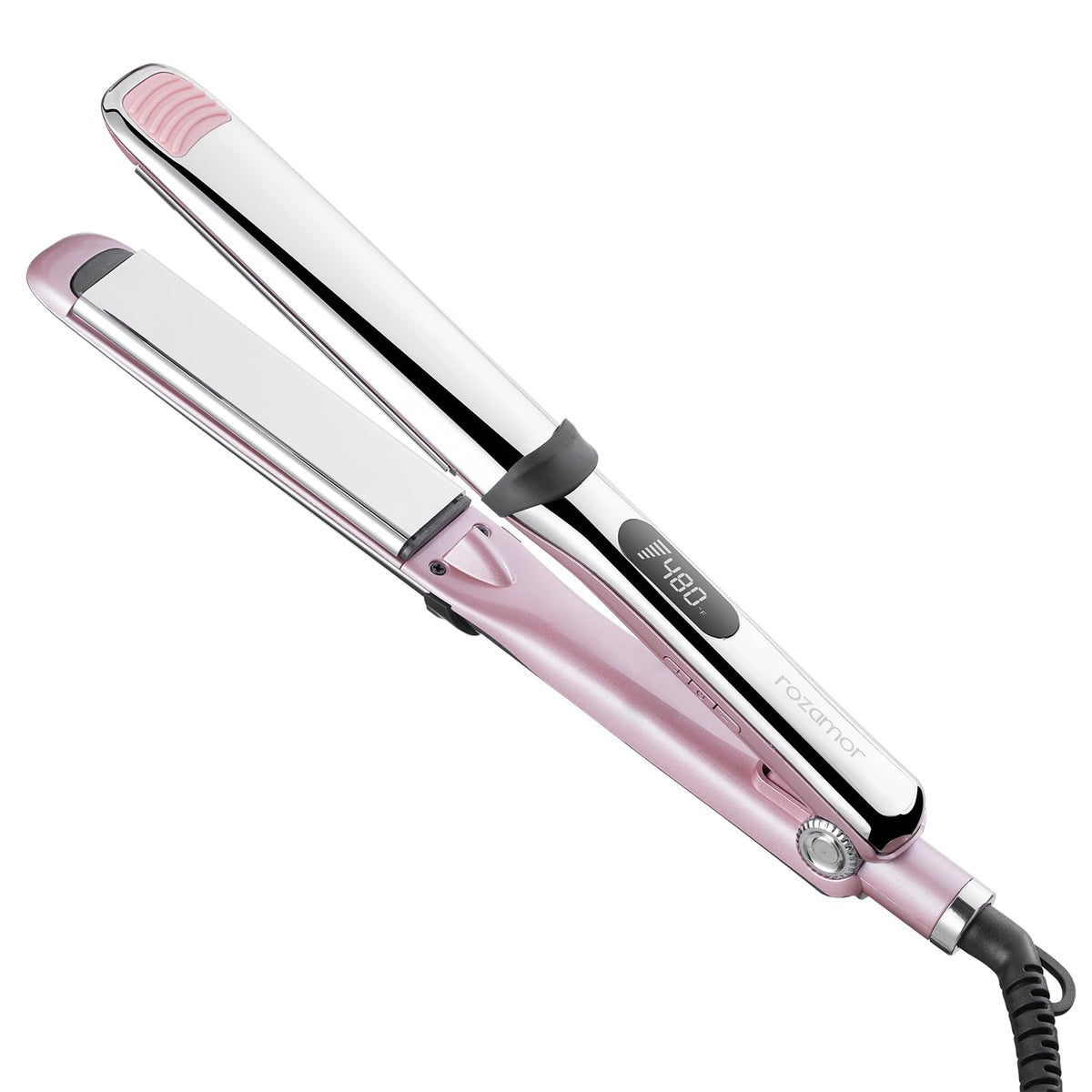 Rozamor titanium flat iron with 1.25-inch plates for smooth straight styling.