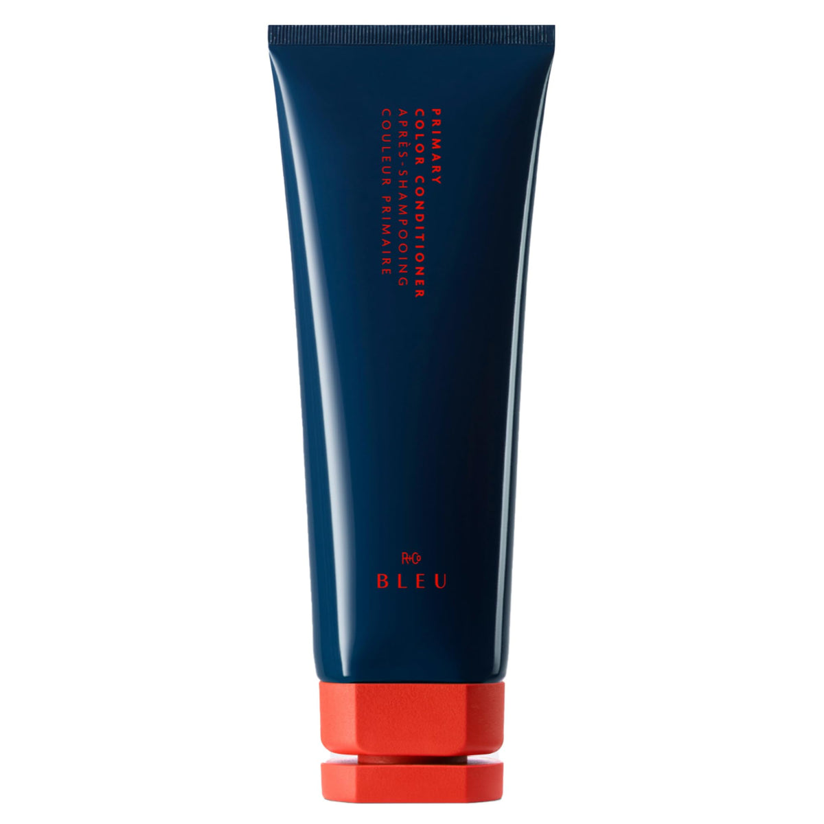 R+Co BLEU primary color conditioner bottle demonstrates color protection and shine