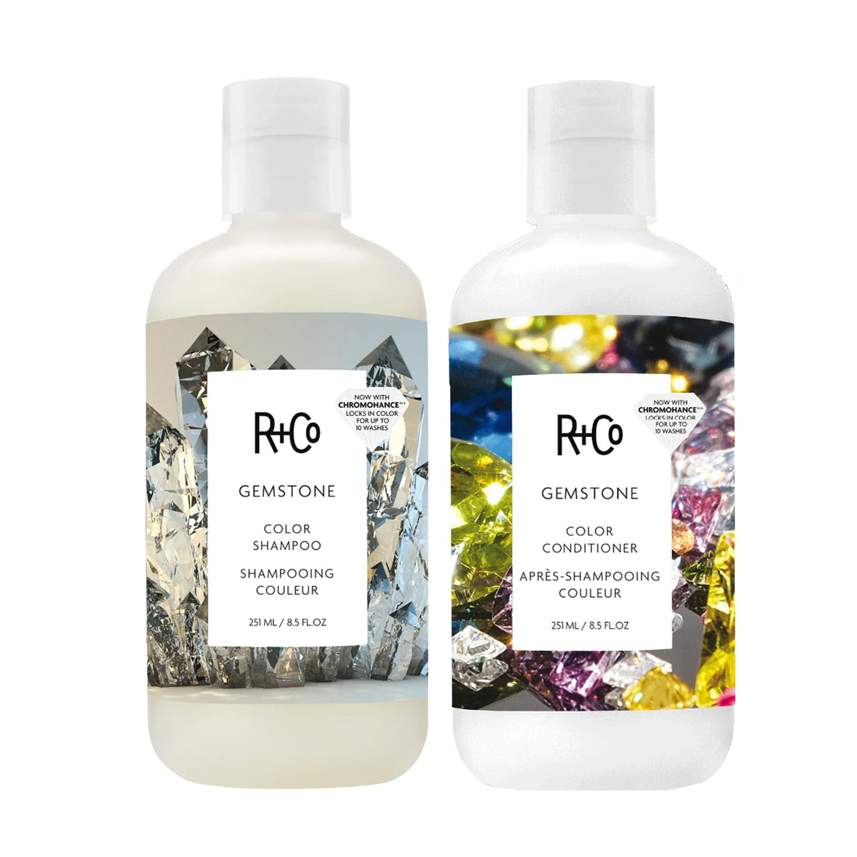 R+Co Gemstone Color Shampoo bottle highlighting color protection and vibrant shine.