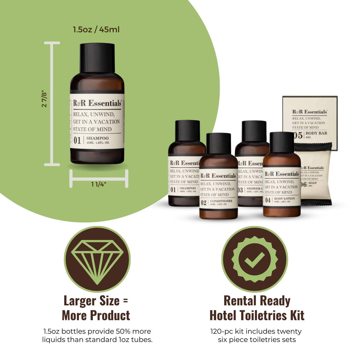 RR Essentials conditioner bottle in amber elevating bathroom presentation
