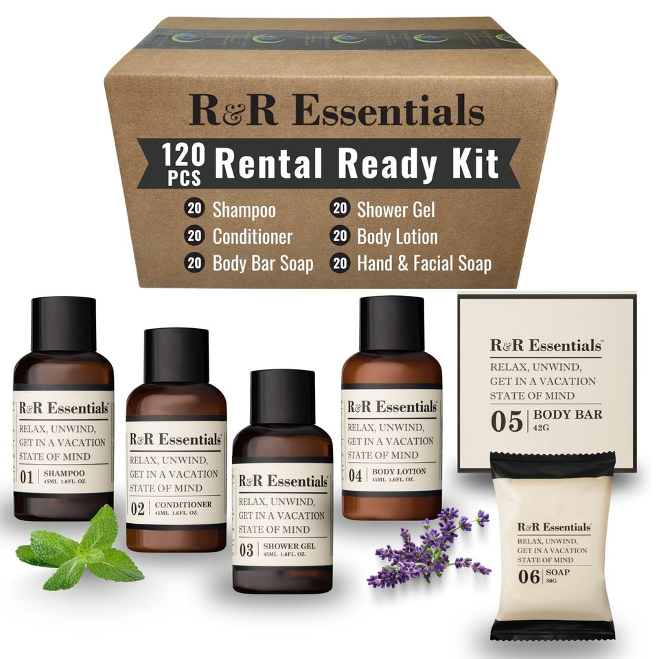 RR Essentials hotel shampoo bottle with lavender-mint scent for spa-like guest baths