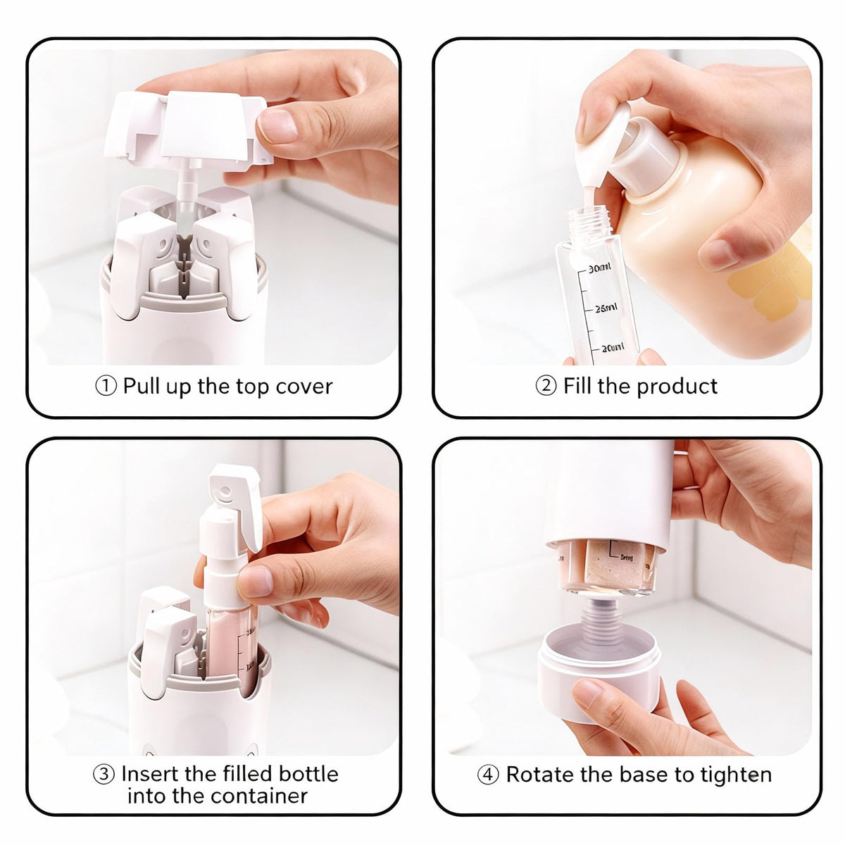RSN leakproof cap detail emphasizes mess-free travel and secure contents.