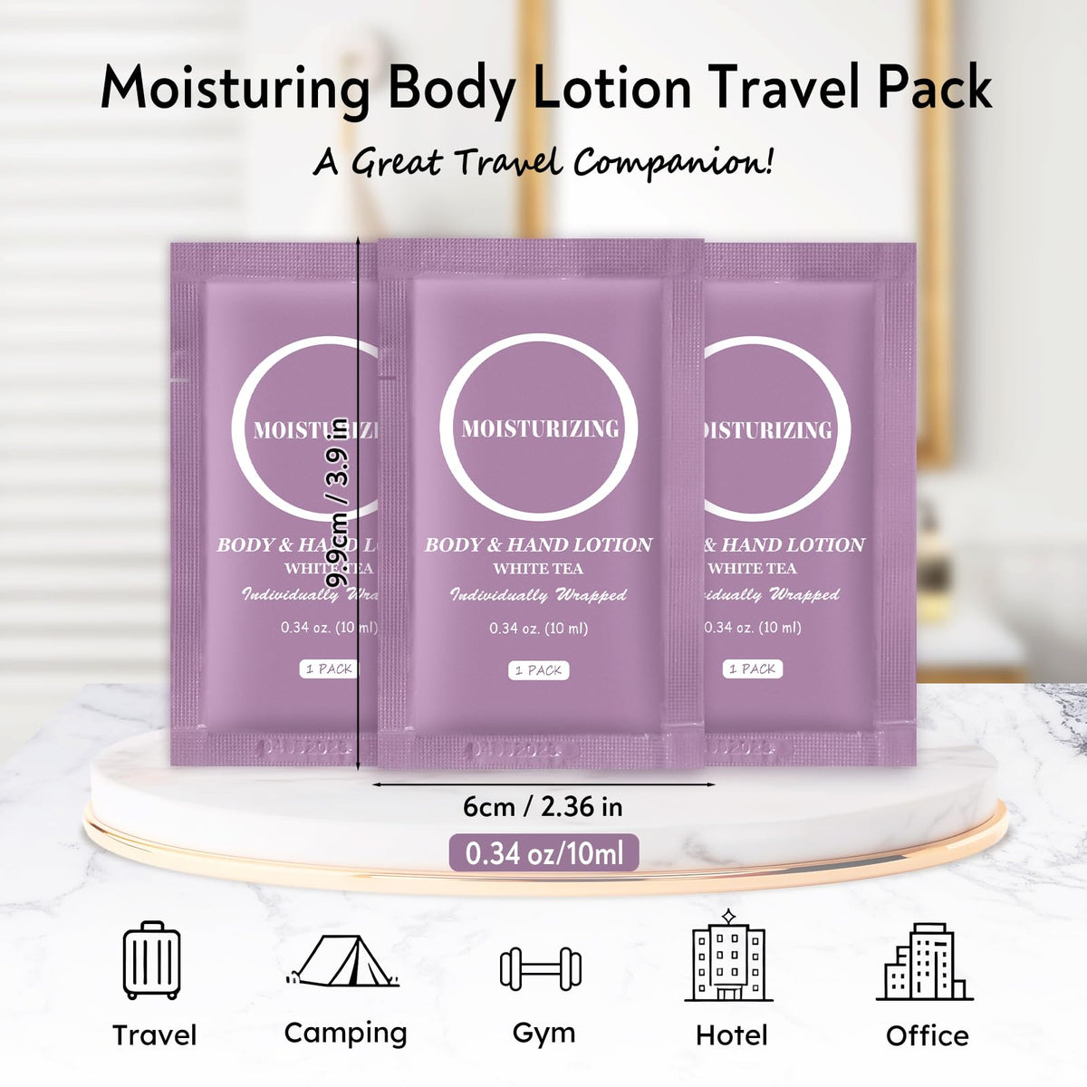 RSQAZQ individually wrapped lotion sachet keeps hands moisturized during travel and hotel stays.