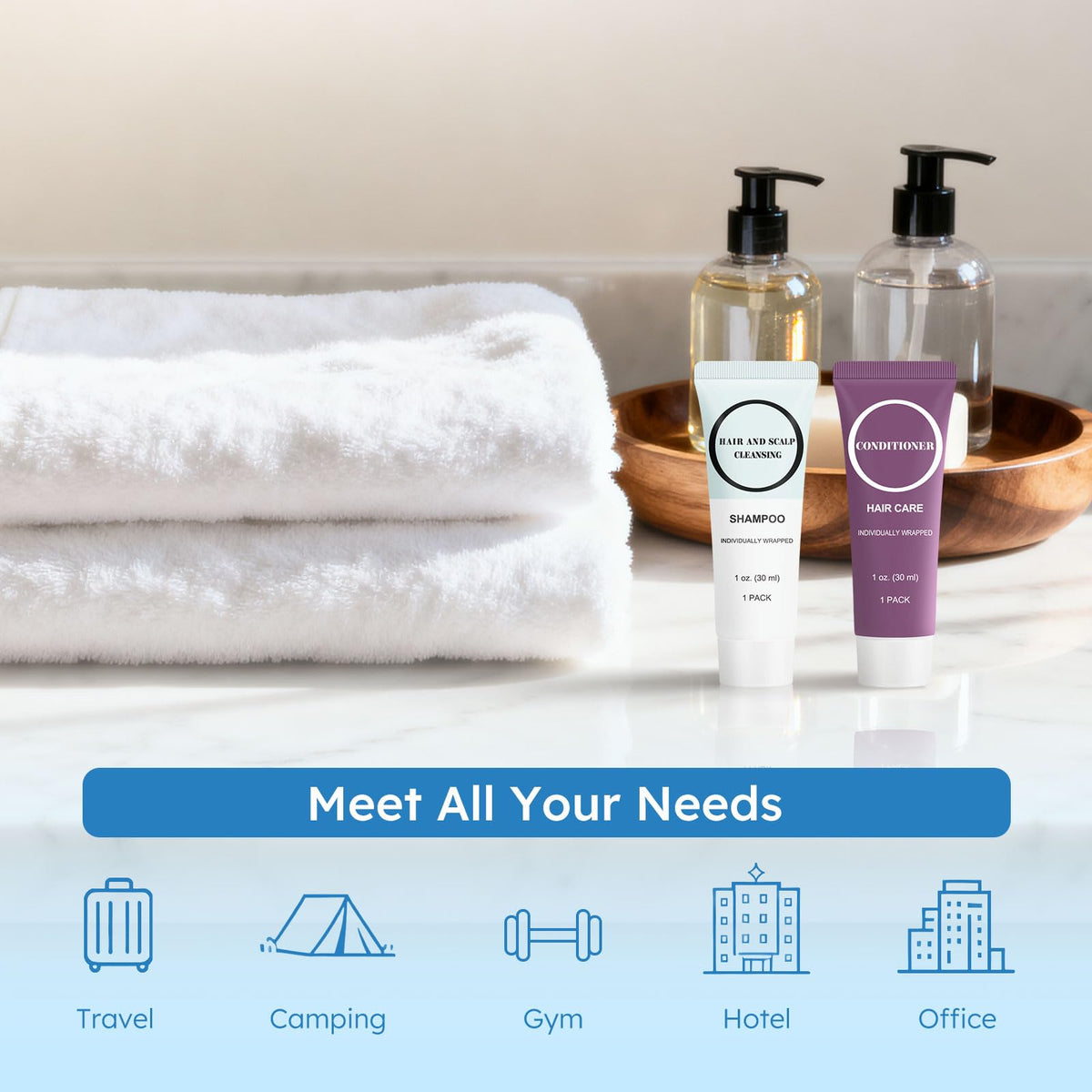 RSQAZQ shampoo foil-wrapped pack ready for hotel guests