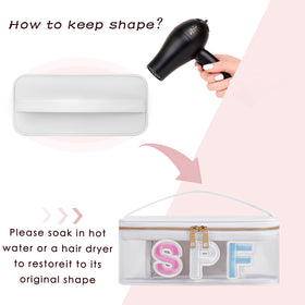 RSRSLEII gold-plated zipper closes smoothly on a clear cosmetic bag