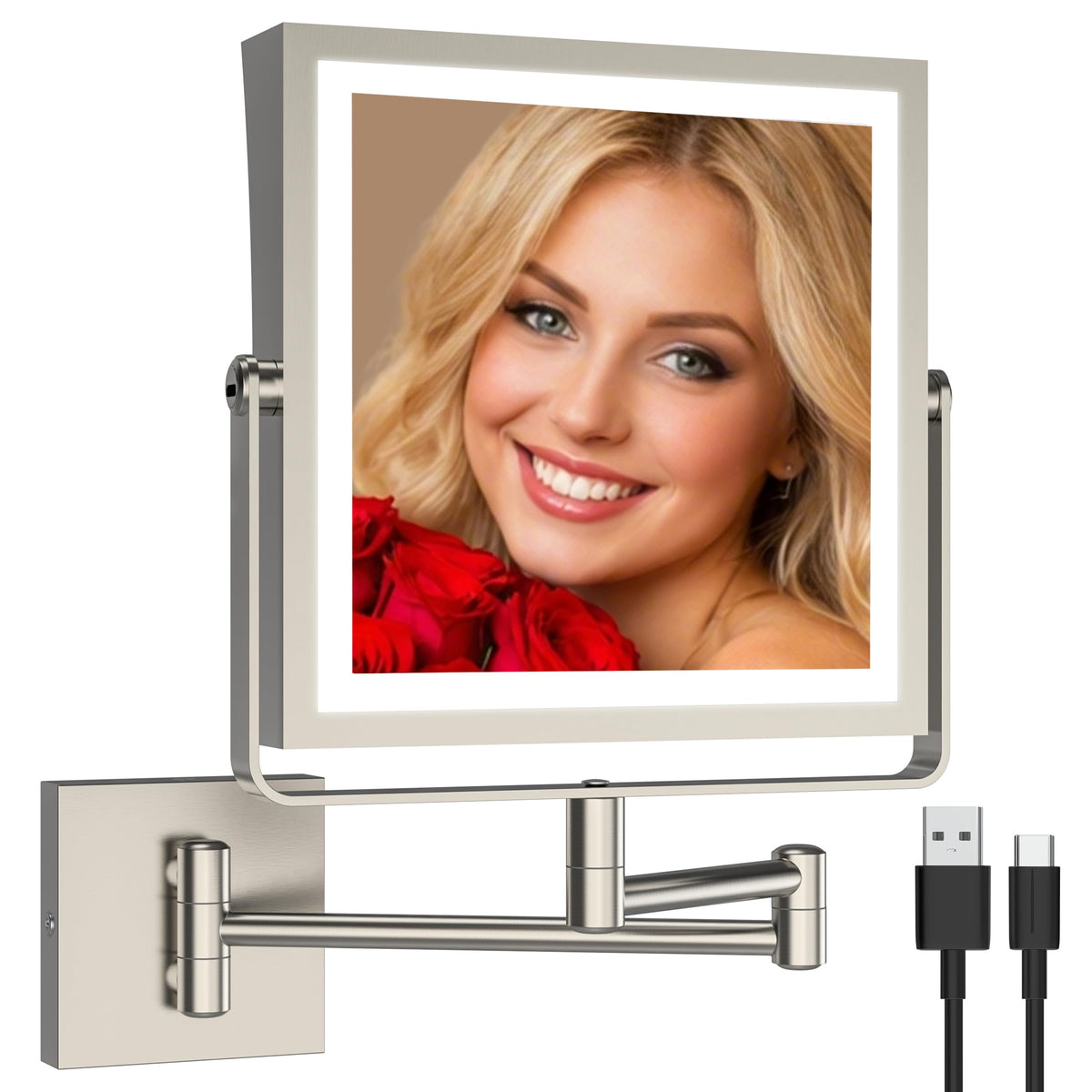 Ruacq makeup mirror front view in brushed nickel for a sleek vanity