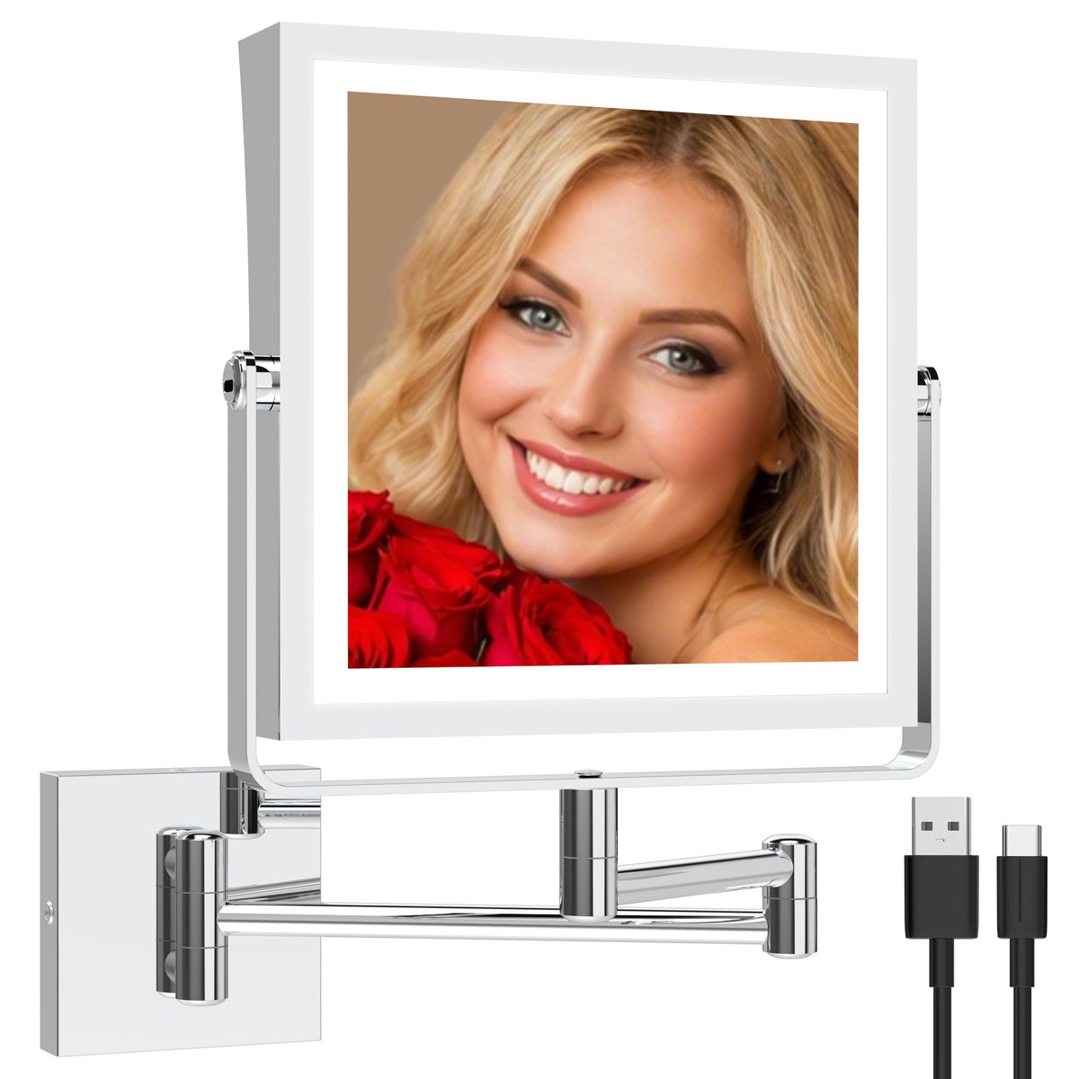 Ruacq front view wall-mount makeup mirror with built-in lights for precise makeup applications.