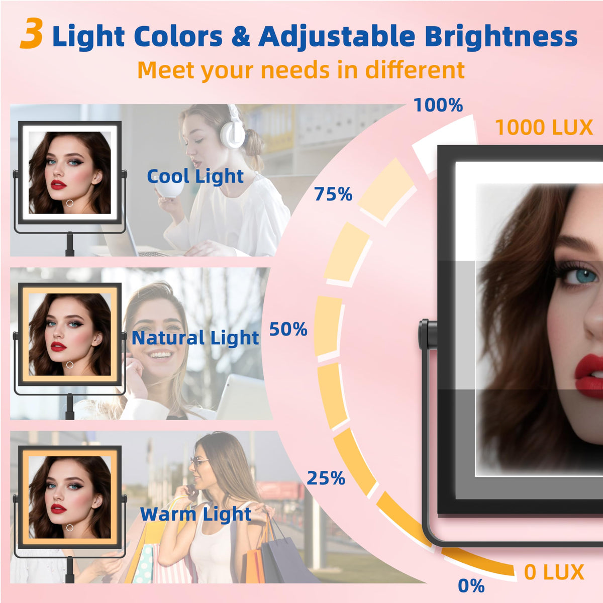 Ruacq makeup mirror showing height-adjustable feature for versatile spaces.