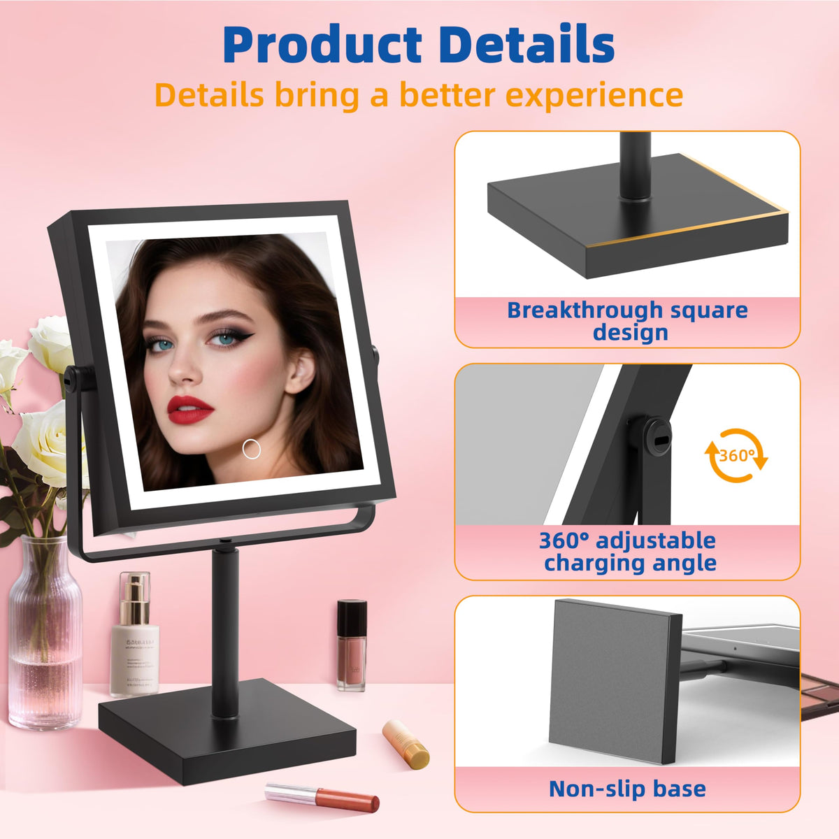 Ruacq square-design mirror surface offers expanded reflection area.