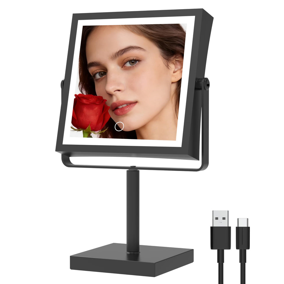 Ruacq makeup mirror with lights showing 1x and 10x magnification for precise makeup.
