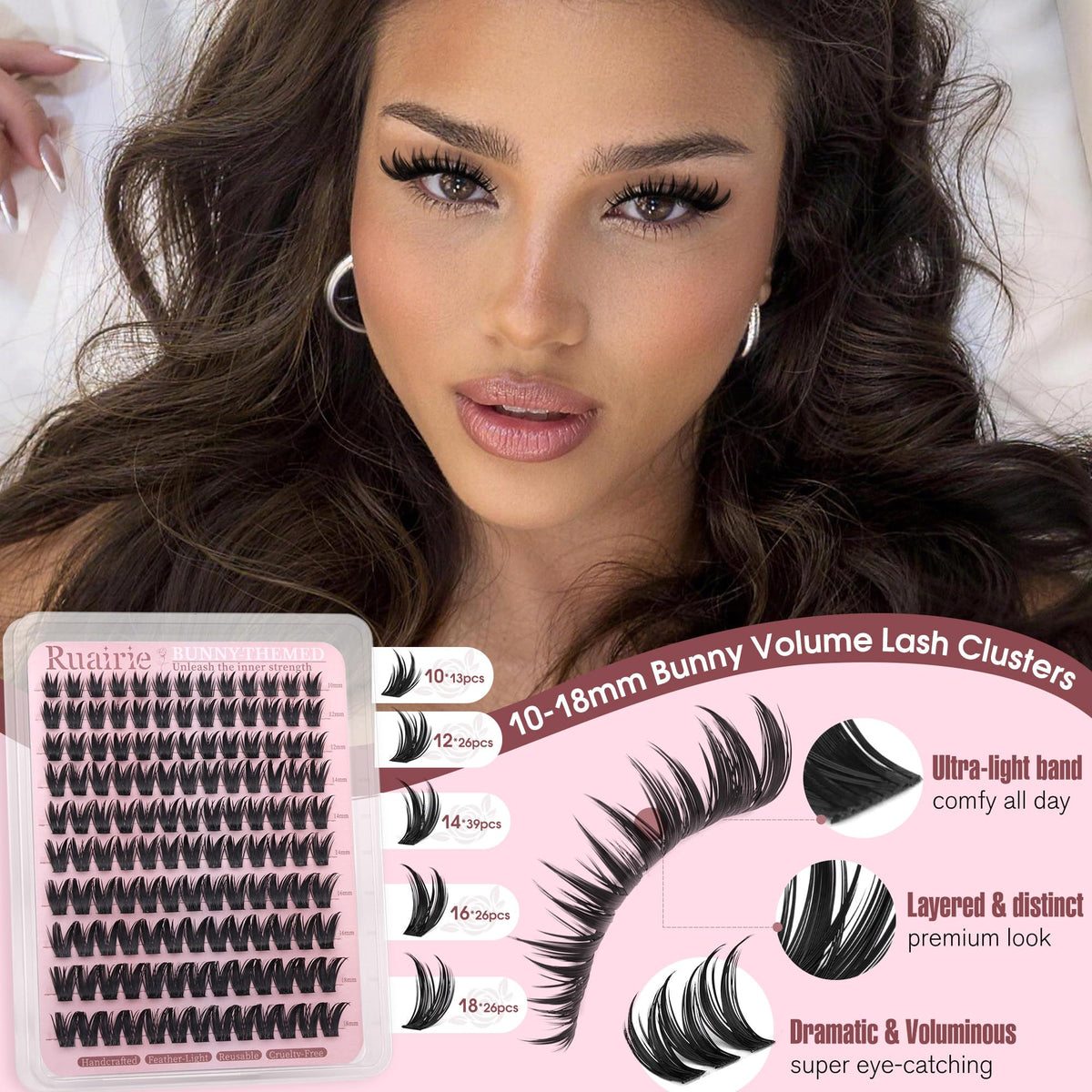 Ruairie cluster lashes in 8–18mm range for dramatic to natural finishes