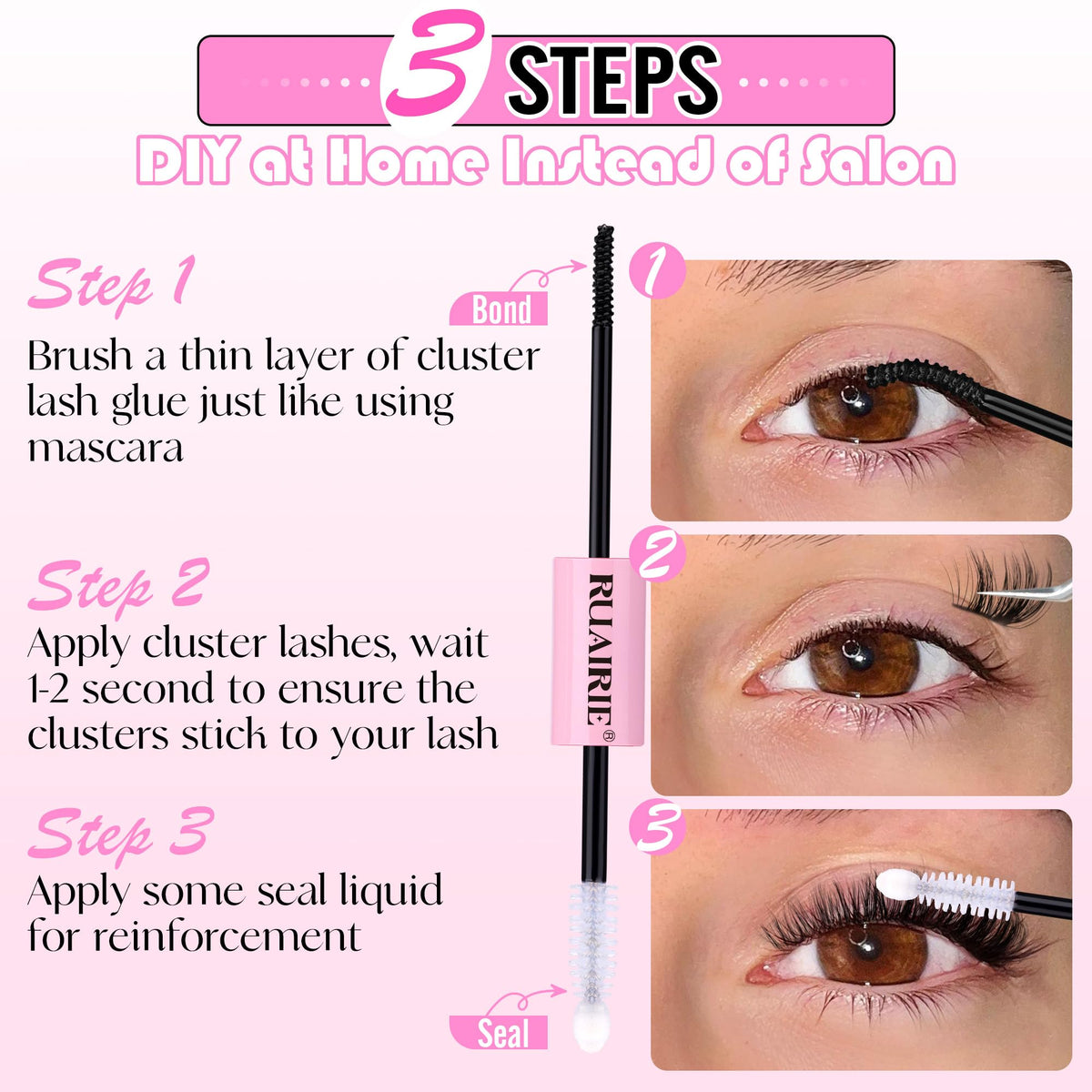 Ruairie lash glue with mild formula nourishes lashes using essential oils.