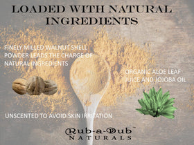 Rub-a-Dub Naturals walnut powder close-up showing exfoliating texture