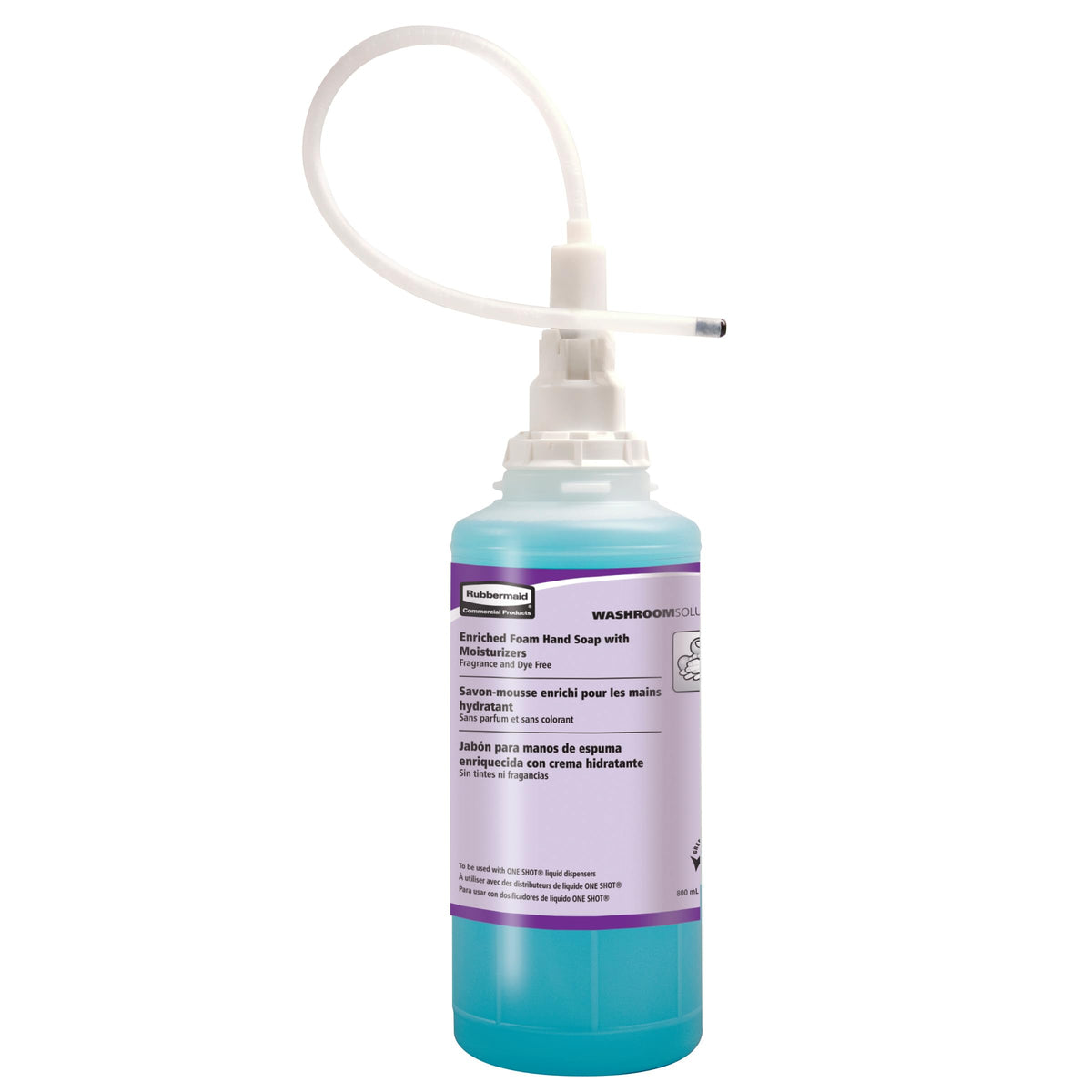 Rubbermaid One Shot dispenser close-up highlighting compatibility with the antibacterial soap dispenser.