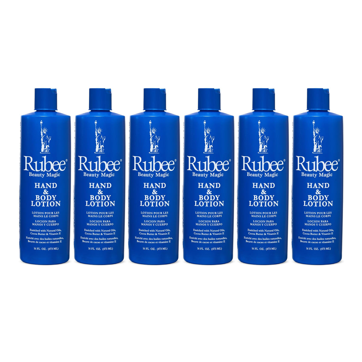 Rubee Beauty Magic Hand and Body Lotion 16oz six-pack bottle display for nourished skin