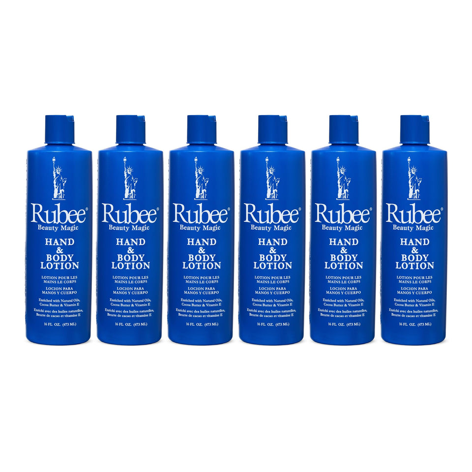 Rubee Beauty Magic Hand and Body Lotion 16oz six-pack bottle display for nourished skin