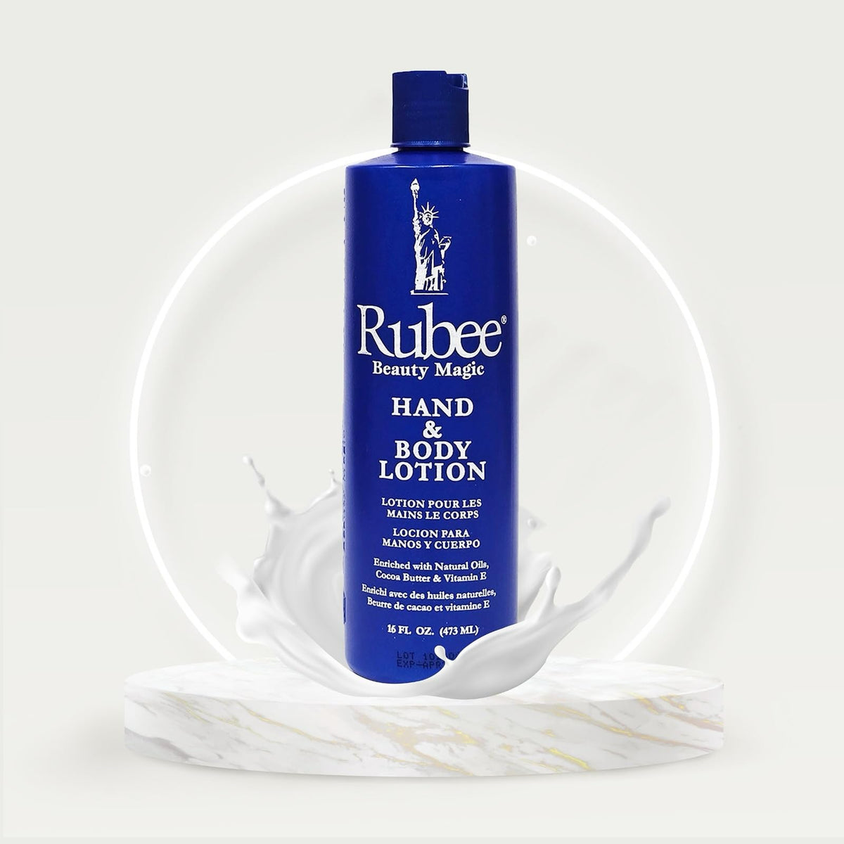 Close-up of Rubee Beauty Magic Lotion texture showing a rich non-greasy finish