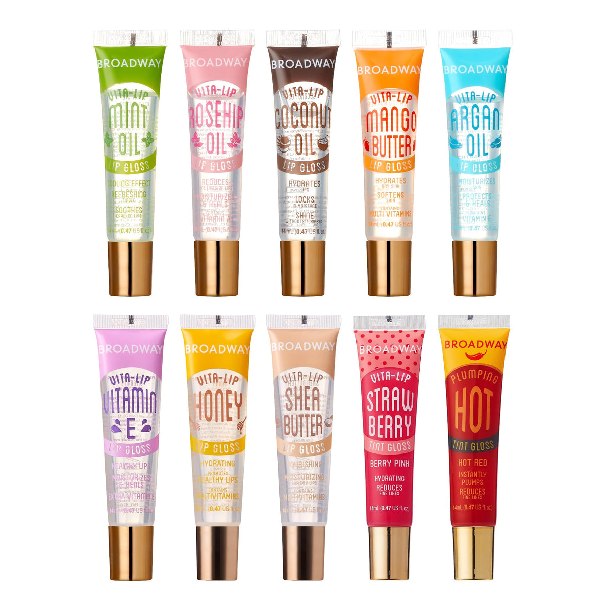 Ruby Kisses Broadway Vita-Lip gloss bottle closeup with minty hydration and high shine.
