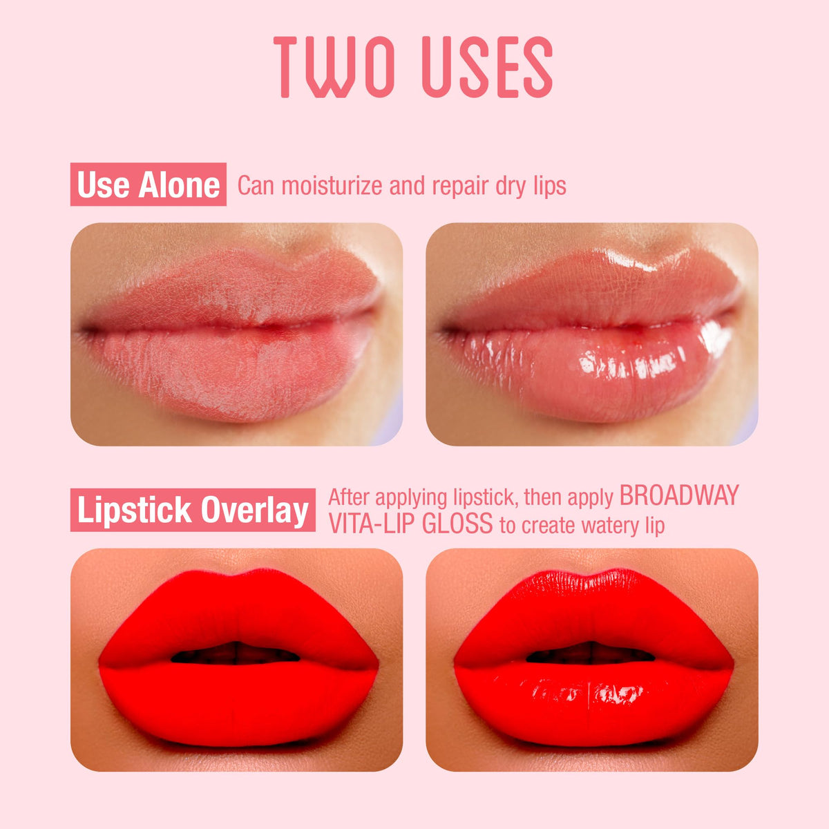 Ruby Kisses Broadway Vita-Lip gloss on lips with hydrated look