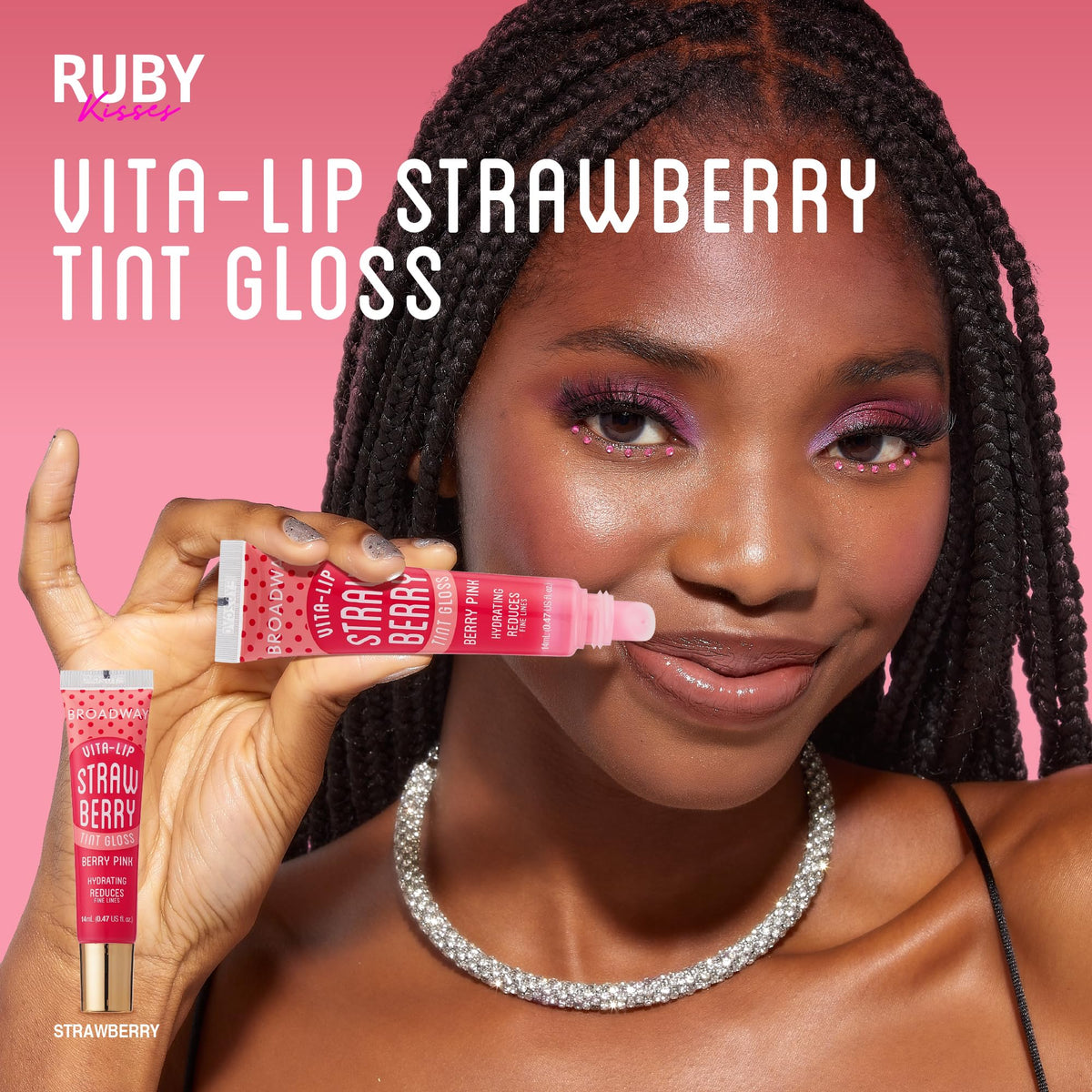 Ruby Kisses Broadway Vita-Lip gloss box open highlighting vitamin-rich formula.