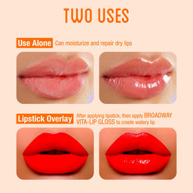 Ruby Kisses Broadway Vita-Lip gloss swatches in pink shade for a subtle pop.