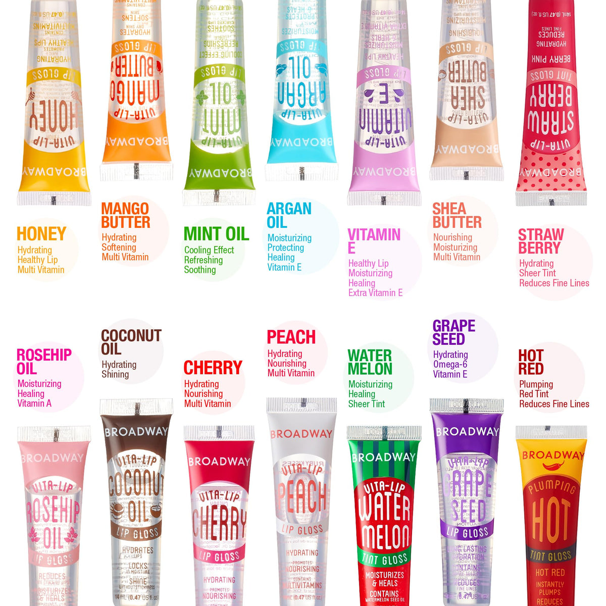 Ruby Kisses Broadway Vita-Lip gloss with tinted shades for effortless day-to-night wear.