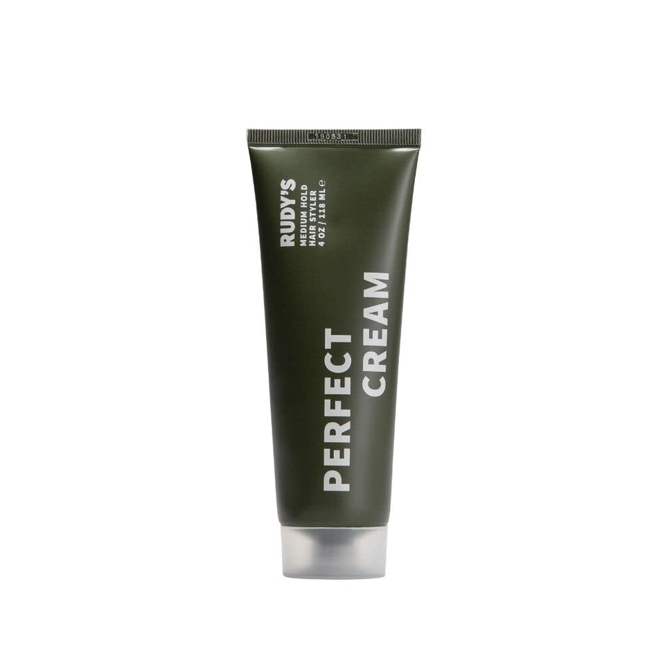 Rudy's Perfect Cream bottle demonstrates flexible hold for all hair types.