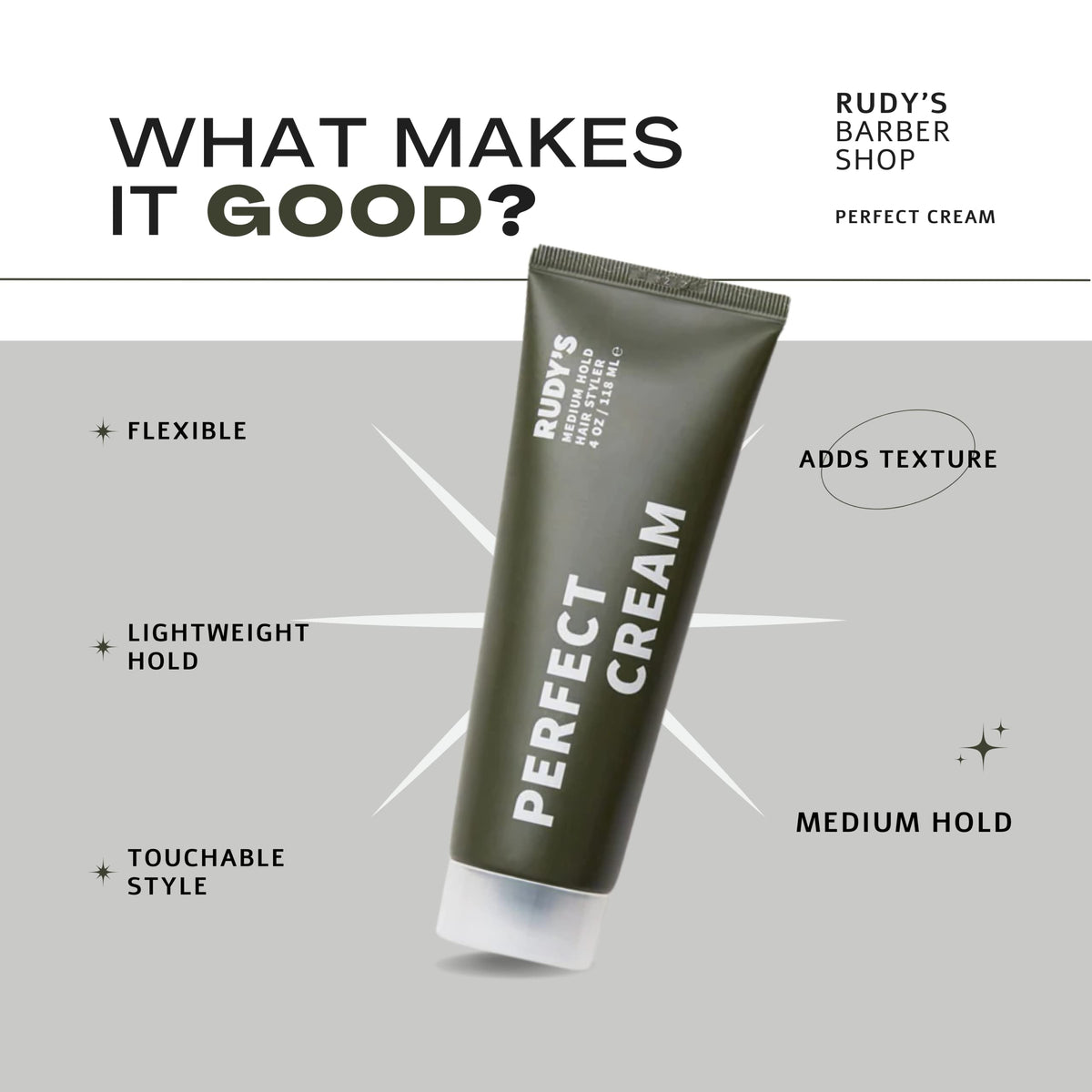 Rudy's Perfect Cream frizz control shot highlights smooth, touchable styling.