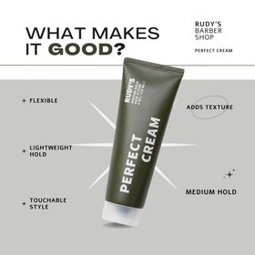 Rudy's Perfect Cream frizz control shot highlights smooth, touchable styling.