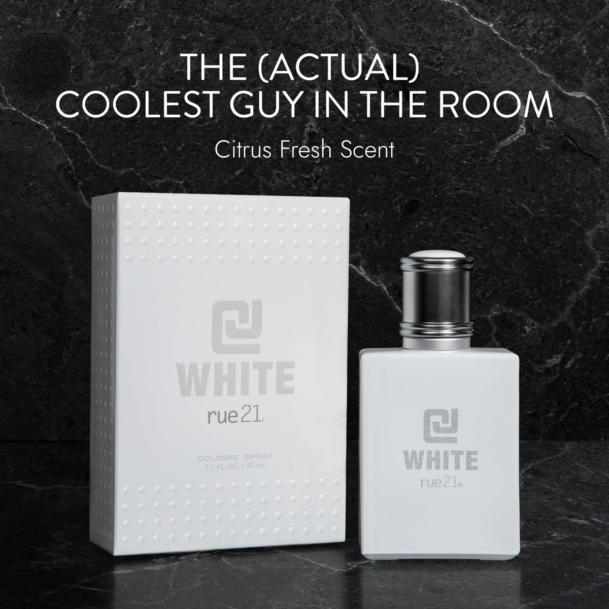 Rue 21 CJ White close-up label highlighting Bergamot and Cardamom notes