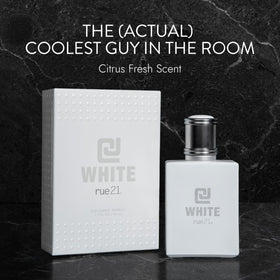 Rue 21 CJ White close-up label highlighting Bergamot and Cardamom notes