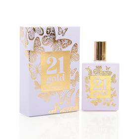 Rue 21 Gold bottle close-up highlighting its glam scent for evening wear