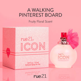 Rue 21 Icon EDP packaging beside bottle on dresser.