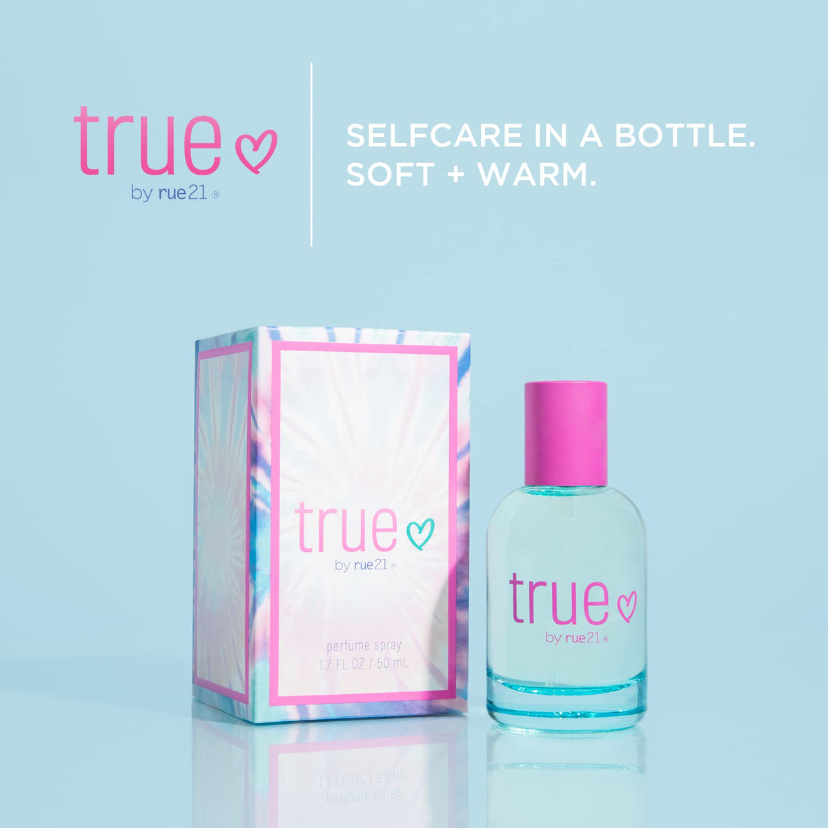 Rue 21 True Eau de Parfum bottle angled view suggesting versatile, day-to-night wear.
