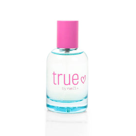 Rue 21 True Eau de Parfum bottle side highlighting fruit floral notes of grapefruit and clementine.