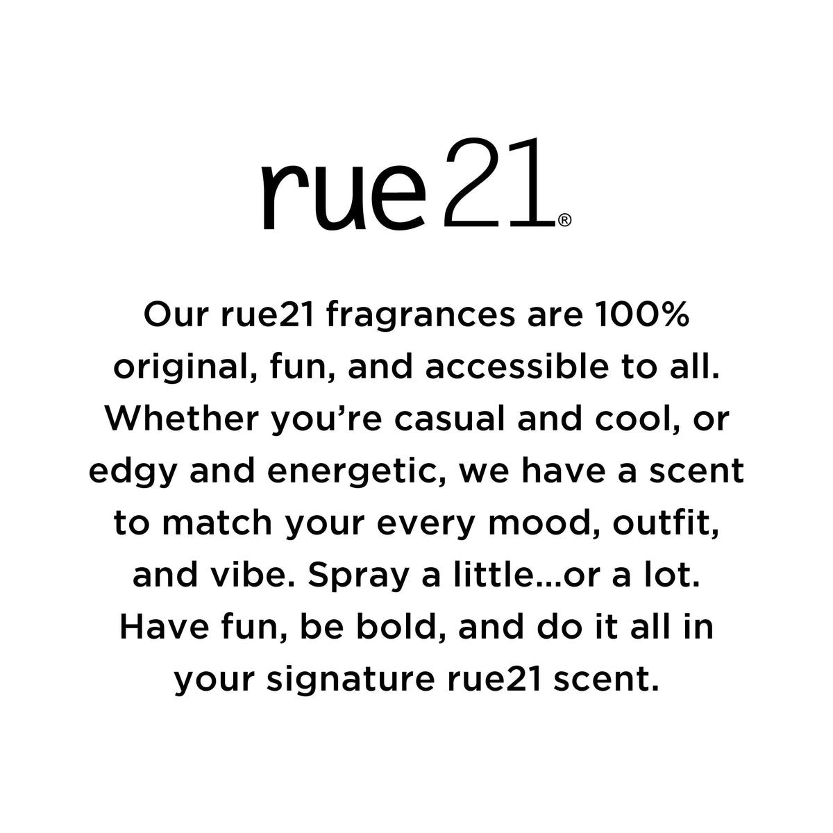 Rue 21 True Eau de Parfum label detail signals cruelty-free ethos and accessible luxury.