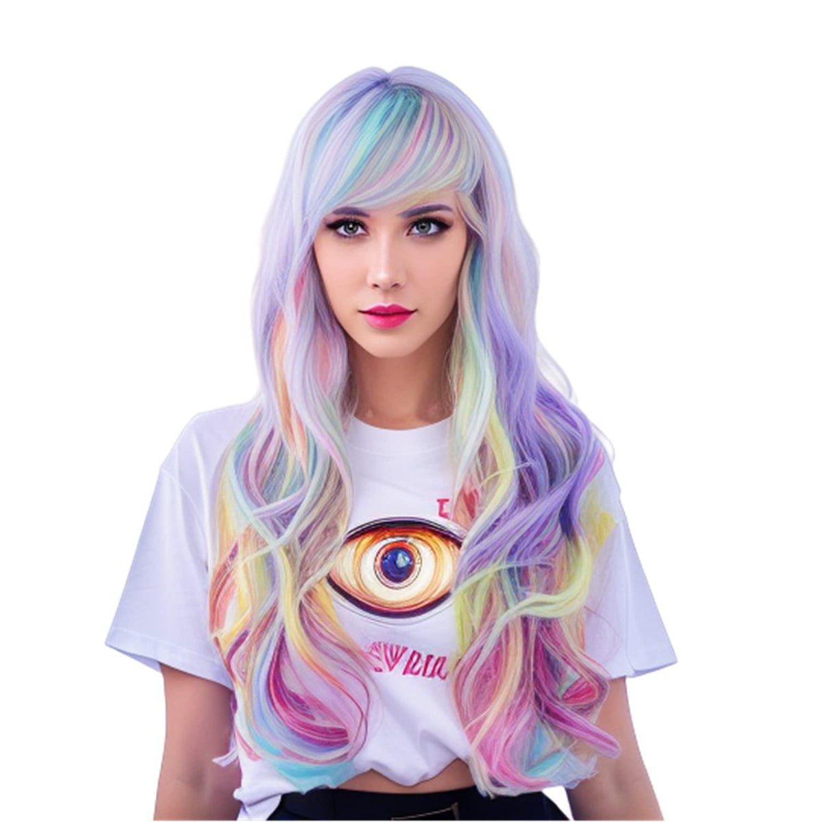 Rugelyss rainbow wig with 26-inch length for bold cosplay looks