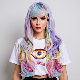 Rugelyss wavy rainbow hair with bangs for party styling