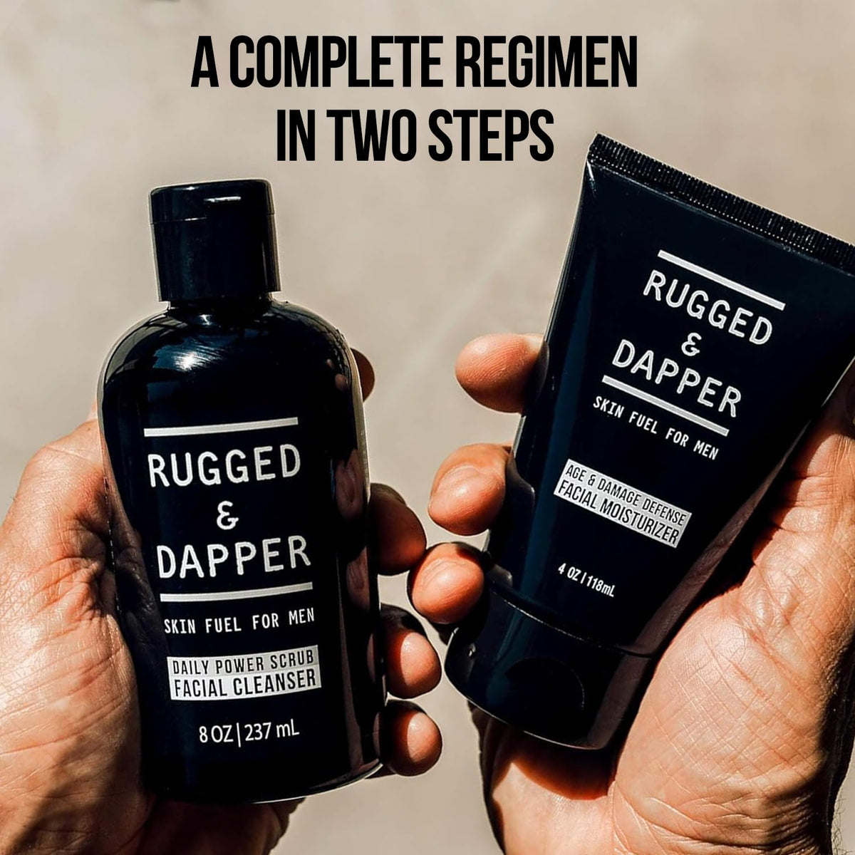RUGGED & DAPPER Daily Duo on bathroom shelf, easy daily routine