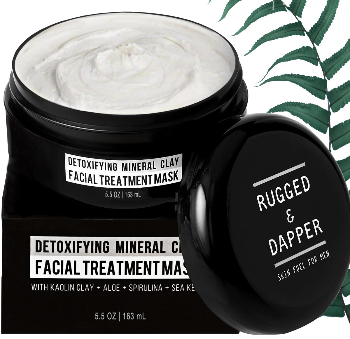 RUGGED & DAPPER face mask jar front shows detoxifying kaolin clay for clearer pores.