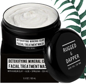 RUGGED & DAPPER face mask jar front shows detoxifying kaolin clay for clearer pores.