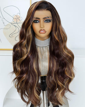 Ruiieea synthetic lace front wig closeup shows natural hairline in honey blonde.