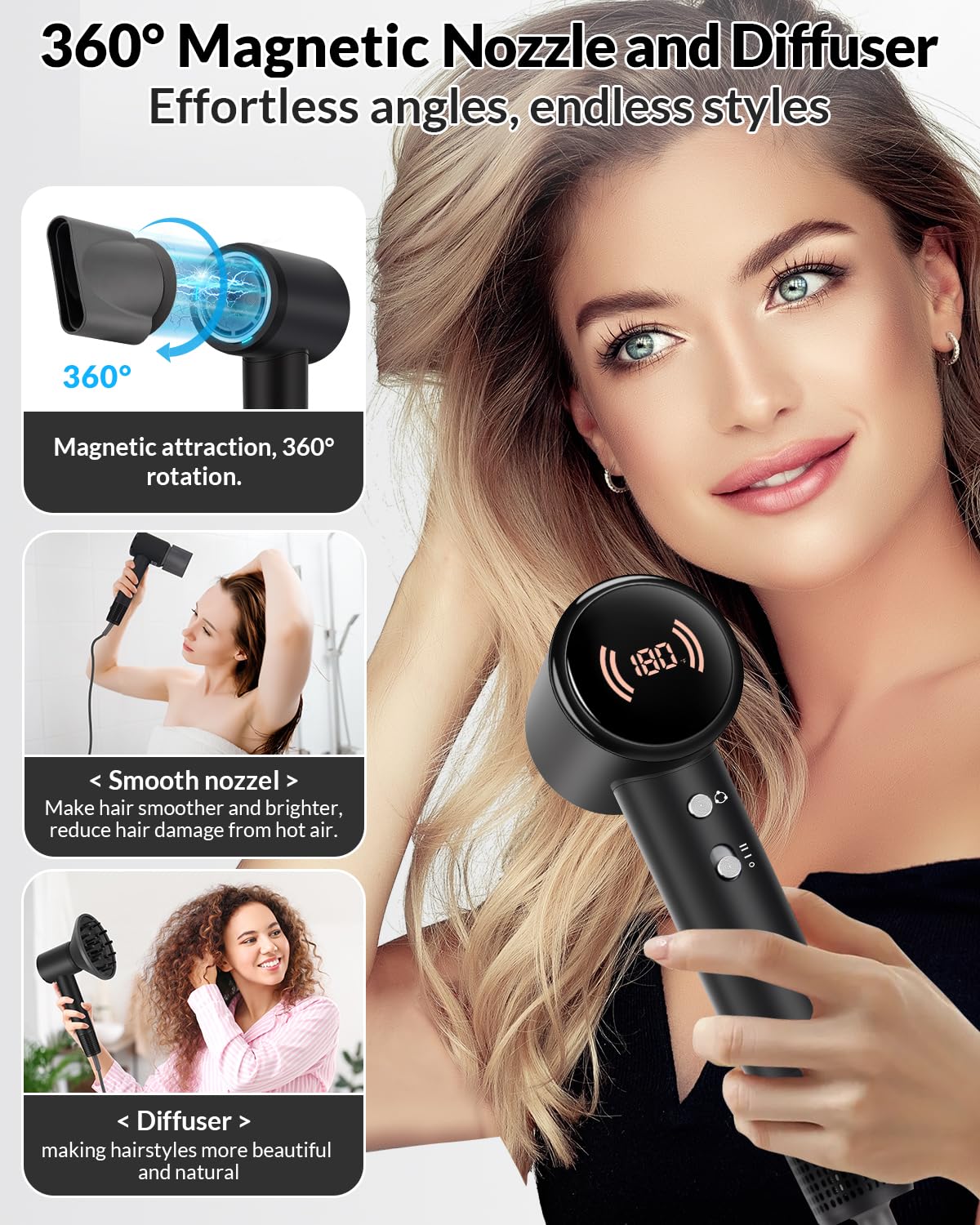 RuiKEeee hair dryer heat display showing adjustable temperature.