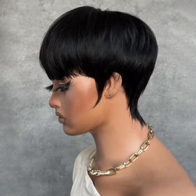 RUISENNA bangs wig in natural black, close-up showing soft fringe and texture.