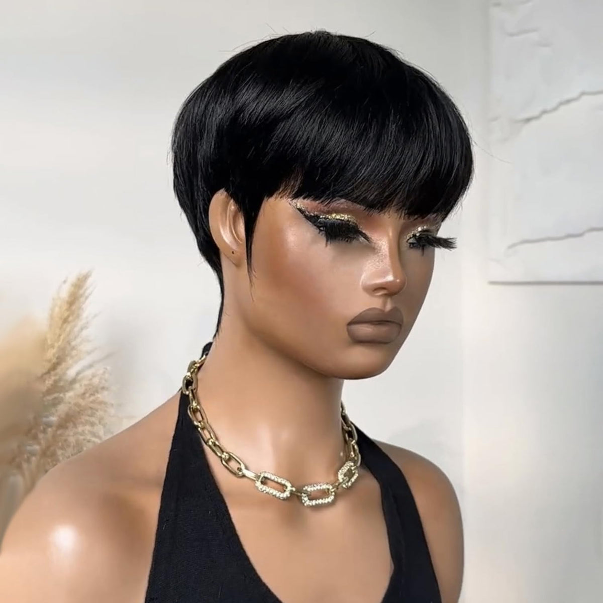 RUISENNA pixie-cut wig with glueless cap, side view for quick, secure styling.